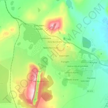 Mapa topográfico Kiruna, altitud, relieve