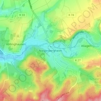 Mapa topográfico Niederbergheim, altitud, relieve