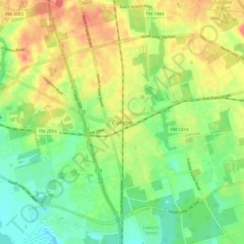 Mapa topográfico Conroe, altitud, relieve