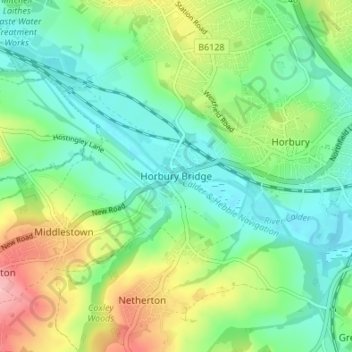Mapa topográfico Horbury Bridge, altitud, relieve