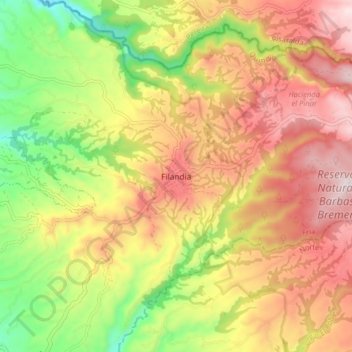 Mapa topográfico Filandia, altitud, relieve
