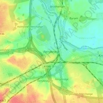 Mapa topográfico Ferrybridge, altitud, relieve