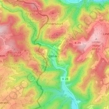 Mapa topográfico Obliers, altitud, relieve