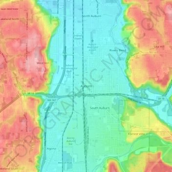 Mapa topográfico Auburn, altitud, relieve