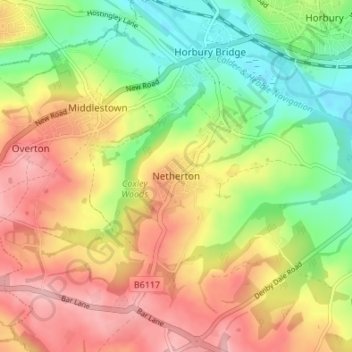 Mapa topográfico Netherton, altitud, relieve