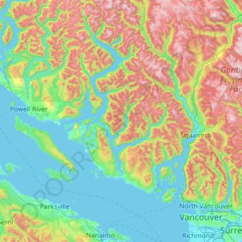 Mapa topográfico Sunshine Coast, altitud, relieve