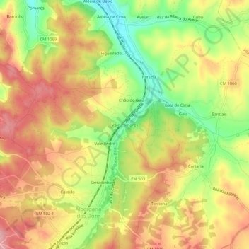 Mapa topográfico Vale Pomares, altitud, relieve