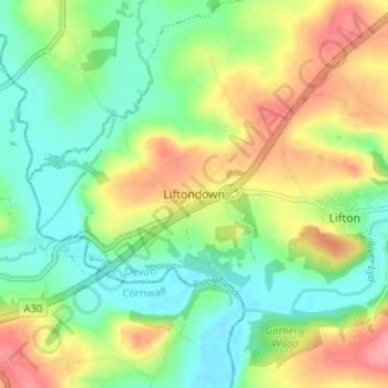 Mapa topográfico Liftondown, altitud, relieve