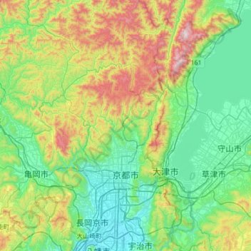 Mapa topográfico Kioto, altitud, relieve