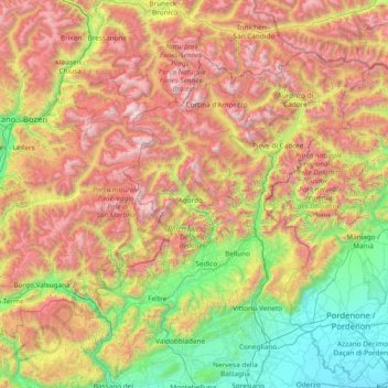 Mapa topográfico Dolomiti, altitud, relieve