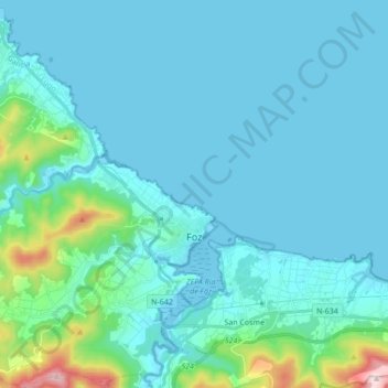 Mapa topográfico Foz, altitud, relieve