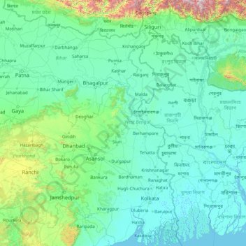 Mapa topográfico Bengala Occidental, altitud, relieve