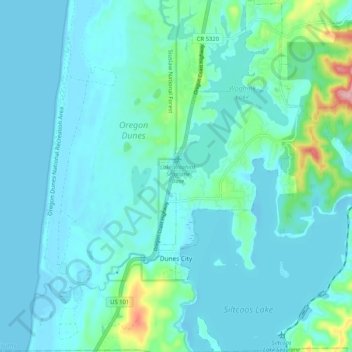 Mapa topográfico Dunes City, altitud, relieve