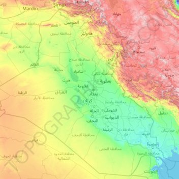 Mapa topográfico Irak, altitud, relieve