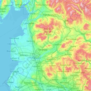 Mapa topográfico Lancashire, altitud, relieve