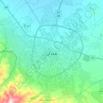 Mapa topográfico Hamedan, altitud, relieve