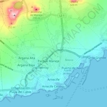 Mapa topográfico Arrecife, altitud, relieve