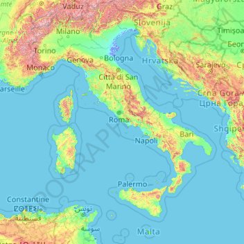 Mapa topográfico Italia, altitud, relieve