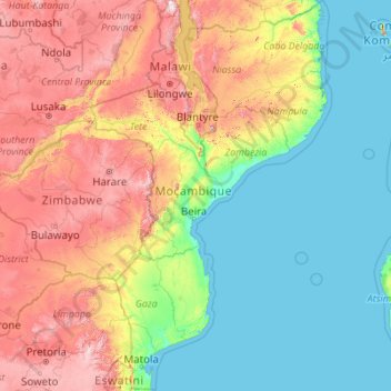 Mapa topográfico Mozambique, altitud, relieve