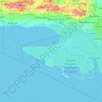 Mapa topográfico Ciénaga de Zapata, altitud, relieve