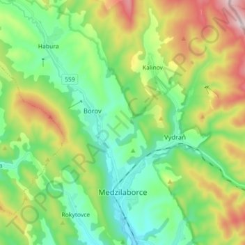 Mapa topográfico Medzilaborce, altitud, relieve