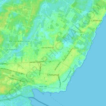 Mapa topográfico Chetumal, altitud, relieve