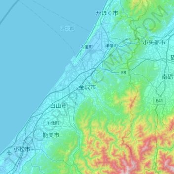Mapa topográfico 金沢市, altitud, relieve