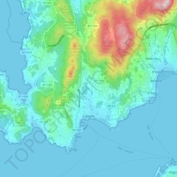 Mapa topográfico Cangas do Morrazo, altitud, relieve