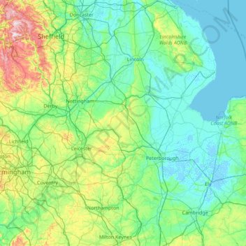Mapa topográfico East Midlands, altitud, relieve