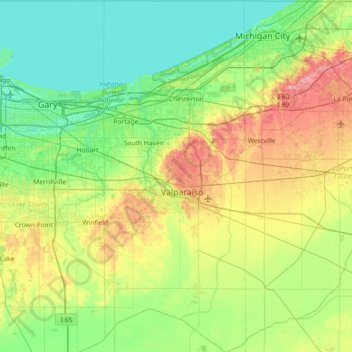 Mapa topográfico Porter County, altitud, relieve