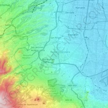 Mapa topográfico Álvaro Obregón, altitud, relieve