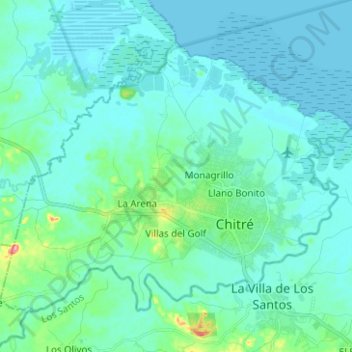 Mapa topográfico Distrito Chitré, altitud, relieve